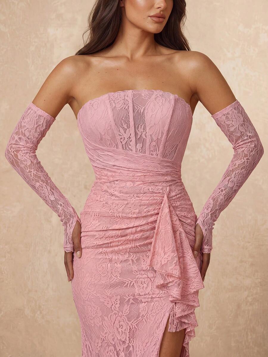 Lumalex Elegant Stretchy Lace Off Shoulder Strapless Dress With Detachable Sheer Ruffle Sleeves, Thigh-High Slit Mermaid Hem For Weddings,Galas Party - Dusty Pink - View 1