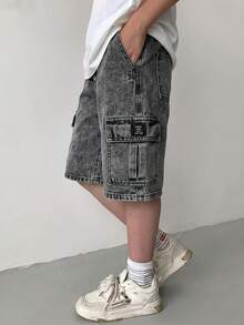 SHEIN Little Byeori 兒童青少年男孩休閒水洗工裝牛仔短褲 - 淺色水洗藍 - 查看 7