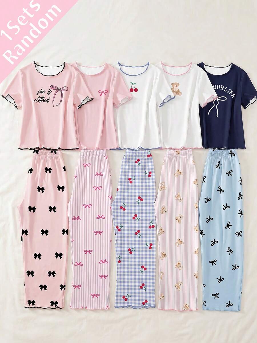 SHEIN 【隨機1套】青少年女孩睡衣套裝 新款熱銷 蝴蝶結、櫻桃、字母、熊組合印花 配色拼接對比滾邊 針織短袖全身印花長褲休閒家居服 1套 - 彩色 - 查看 1