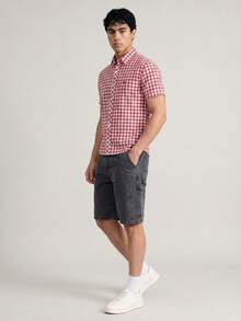 Chillumni Red Short Sleeve Plaid Shirt With Unique Embroidered Logo, Fresh Checked Casual Versatile Fashion Summer Casual Shirt - Red - View 3