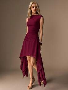 CielaLinda Women's Burgundy Ruched Sleeveless Mini Dress, Asymmetric Hem Elegant Mature Maturity Wedding Dinner Cocktail Summer - Burgundy - View 3