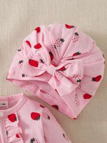 SHEIN Vintaside Kids 秋冬新生兒蝴蝶結草莓印花可愛嬰兒連身衣+帽子 - 淺粉色 - 查看 5