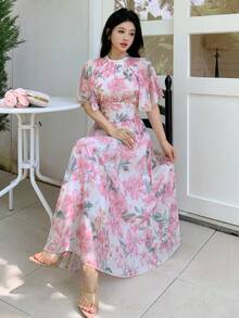 Modelyn 粉色雪紡花卉印花優雅夏季度假女款中長洋裝 - 粉色 - 查看 7