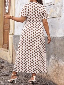 Ceyna 大码女式夏季波点V领蝙蝠袖休闲长连衣裙 Maxi 女装 - 粉色 - 查看 2