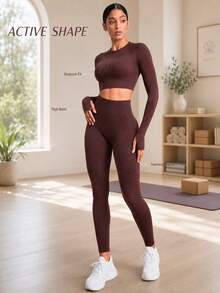Easithlete Easithlete 高彈性無縫女款露背長袖T恤與緊身褲運動套裝 - 棕色 - 查看 7
