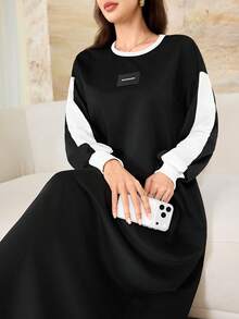 Yasmyna Spring/Autumn Crew Neck Patchwork Black & White Contrast Casual Dress - Black and White - View 1