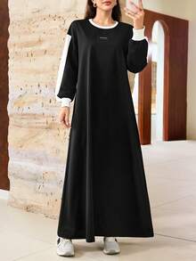 Yasmyna Spring/Autumn Crew Neck Patchwork Black & White Contrast Casual Dress - Black and White - View 5