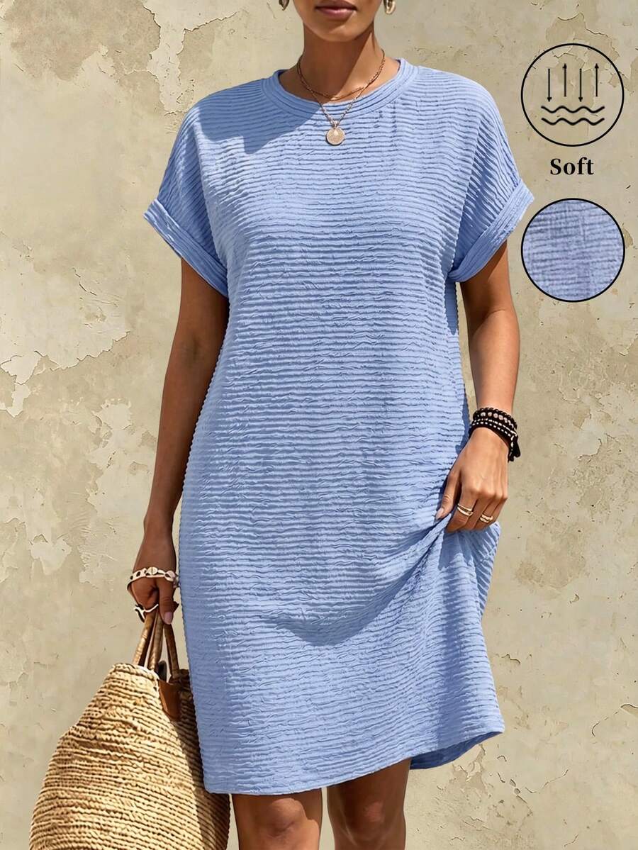 SHEIN 女款迷你休閒T恤洋裝,短袖夏季洋裝,基本經典款,紋理面料,寬鬆版型,純色,圓領,藍色,春/夏,日常通勤 & 度假 - 藍色 - 查看 1