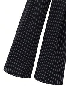 SHEIN 2件組女孩青少年套裝 開襟無袖西裝背心、條紋背心上衣、鬆緊腰對比腰帶寬鬆寬腿條腿褲，女孩通勤休閒兩件套，夏季 - 黑色 - 查看 6