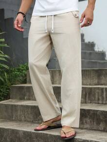 VENTUSAIL Men's Solid Color Drawstring Waist Pocket Straight Leg Cotton Linen Pants - Khaki - View 7