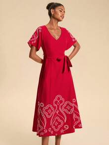 Travachic Women's Elegant Bohemian V-Neck Embroidered Tie-Waist Vacation Dress ,Autumn - Red - View 7