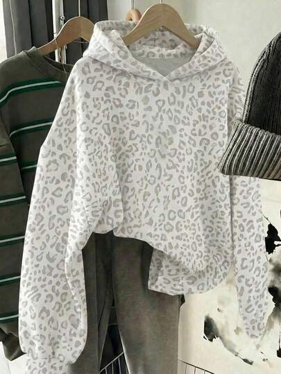 Preppy Vintage White Leopard Print, Tween Girl Casual Minimalist Loose Round Neck Comfortable Long Sleeve Sweatshirt Suitable For Autumn/Winter, Suitable For Daily Commute, Outing, Gathering, Autumn/Winter/Summer, Christmas, New Year, Thanksgiving, Party, Wedding, Beach, Graduation Ceremony, Fashion, Elegant, Casual, Outing, Outing, Appointment, Commute, Shiny, Valentine's Day, Elegant, Vacation, Casual, Y2K, Outing, Graduation Ceremony And Other Occasions
