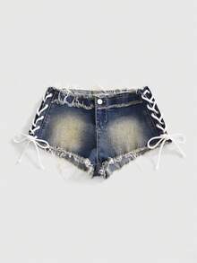 ROMWE Y2K Sexy Side Lace-Up Vintage Frayed Hem Ultra Short Denim Shorts For Women, Suitable For Daily Wear, Music Festivals, Vacations And More - Dark Wash - View 1
