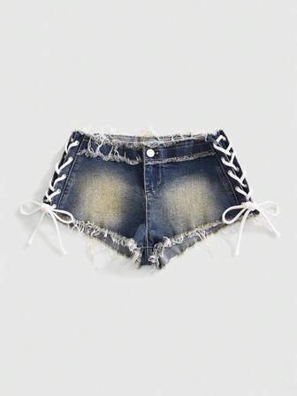 Shorts di jeans ultra corti Y2K sexy con lacci laterali e orlo sfilacciato vintage per donne, adatti per uso quotidiano, festival musicali, vacanze e altro