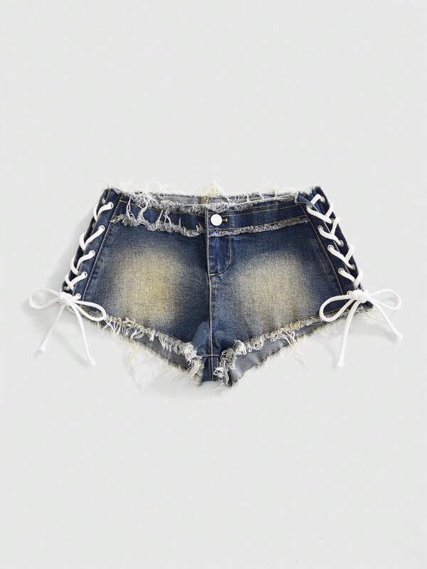ROMWE Quần short denim siêu ngắn nữ phong cách Y2K gợi cảm, buộc dây bên hông, gấu sờn vintage, phù hợp mặc hằng ngày, lễ hội âm nhạc, du lịch và nhiều dịp khác
