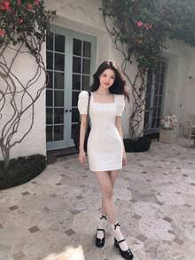 SHEIN MOD Jacquard Square Neck Puff Sleeve Corset Structure Dress - White - View 1