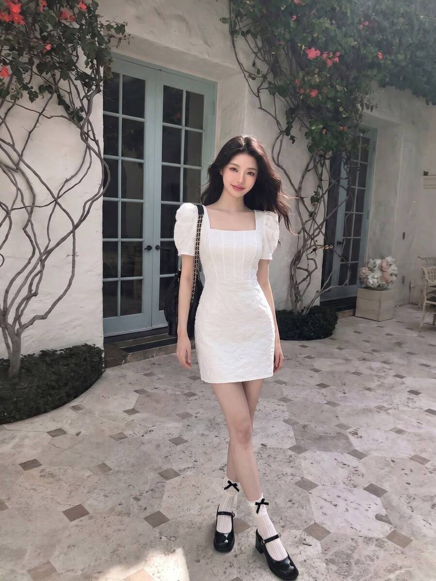 SHEIN MOD Jacquard Square Neck Puff Sleeve Corset Structure Dress - White - View 1