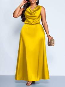 SOLERSUN Vestido de fiesta elegante para mujer de talla grande, adecuado para ocasiones importantes como fiestas de cumpleaños, temporada de graduación, té de la tarde, Acción de Gracias y temporada de bodas. Incluye escote drapeado, diseño sin mangas, cintura alta, silueta en A y largo extra largo. Hecho de material de satén/similar a la seda, perfecto para el verano. - Mostaza Amarilla - Ver 3