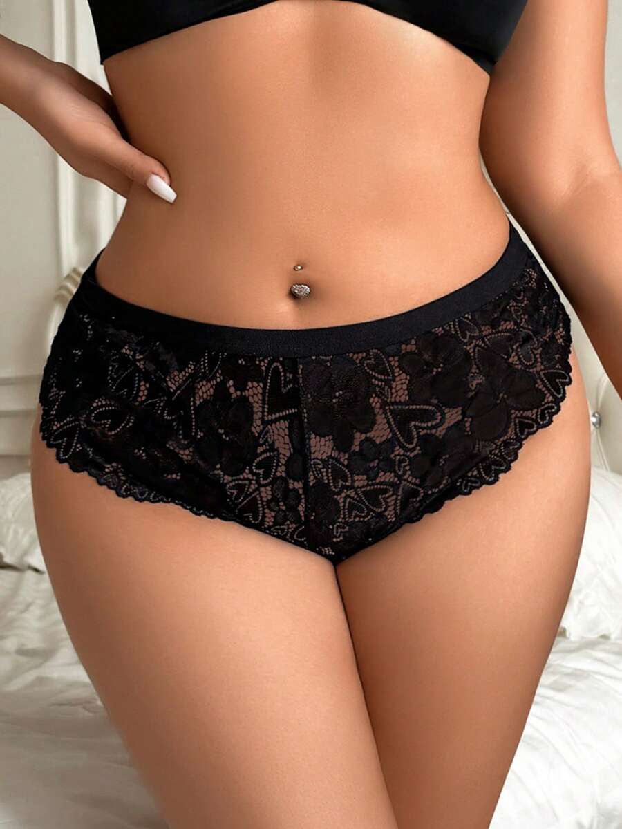 SHEIN Plus Size Women Sexy Lace Triangle Panties Sexy Lingerie - Black - View 1