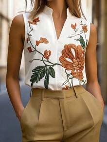 SHEIN Franclia Women's Sleeveless Blouse With Small Stand Collar And V-Neck, Regular Fit, Digital Floral Print, 2026 New Summer Top, Versatile For Beach, Vacation, Daily Wear, Fashion, Elegant, Dating, Evening Party - Brown - View 6