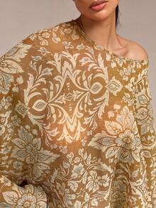 COSMINA Women's Elegant Floral Print Loose Batwing Sleeve Blouse, Versatile For Spring, Summer, Autumn, Winter, Commuting, Office, Outings, Spring Dates, Daily Wear, Wedding Season, Wedding Guest, Beach Vacation - Brown - View 6