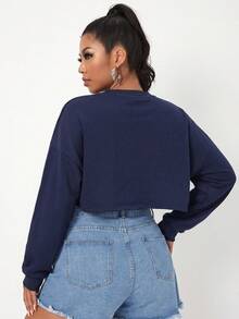 SHEIN EZwear 圓領長袖不對稱下擺純色大尺碼運動衫 - 藏蓝色 - 查看 2