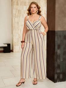 Roveilla Damen-Jumpsuit in großen Größen mit Spaghettiträgern, V-Ausschnitt, Ring-Schnallen-Dekor, elastischem Bund, lockerem weitem Bein und Seitentaschen, mehrfarbig gestreift, französischer eleganter Vintage-Stil, formell für Büro und Pendeln, lässig für Strand, Urlaub, Western-Streetstyle, minimalistisch, vielseitig, für Nachmittagstee, Party, Zuhause und Lässig, bequem, Boho, Frühling/Sommer, neu - Verschiedenfarbig - Übersicht 3