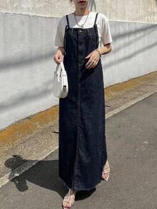 FRIFUL Gaun Terusan Denim Longgar Kasual dengan Desain Kancing untuk Wanita - Biru - View 1