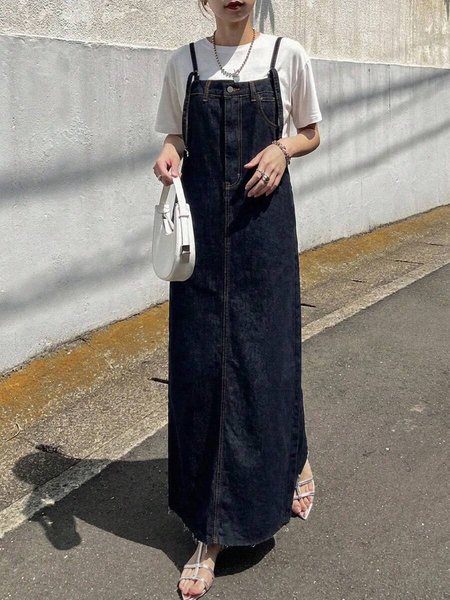 FRIFUL Gaun Terusan Denim Longgar Kasual dengan Desain Kancing untuk Wanita - Biru - View 1
