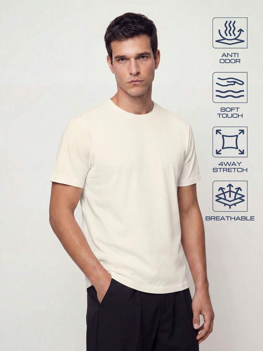 TekDrob Anti-Odor Regular T-Shirt With Crew Neck - Beige - View 1