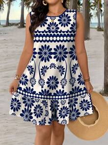 SHEIN CURVE+ Plus Size Women Summer Casual Sleeveless Printed Dress Beach Vacation White - Blue - View 6