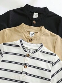 SHEIN 兒童男童 3件組馬匹刺繡鈕扣前襟短袖常規厚度亨利領上衣 - 彩色 - 查看 7