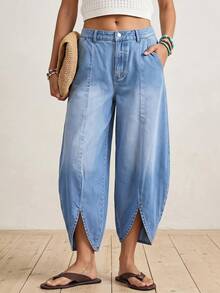 EMERY ROSE Women's Pocket Tapered Casual Loose Fit Jeans - Blue - View 8