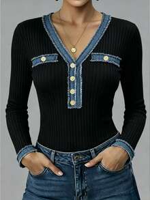 Rafferiza Women's Autumn New Colorblock Patchwork Distressed Denim Raw Edge Button Decor Slim Fit Vintage V-Neck Long Sleeve Knit Top - Black - View 3