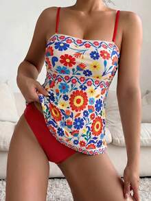 Swim Lushoire 女款高彈力綠色花卉印花比基尼兩件套，清新綠色定位印花抹胸背心上衣，純色三角基本款泳褲，春夏度假海灘派對優雅比基尼套裝 - 彩色 - 查看 5
