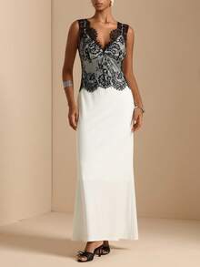 Vesra Lace Patchwork V-Neck Sleeveless Fitted Waist Bodycon Long Dress For Women - Multicolor - View 3