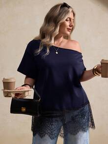 Elegantrix Women's Plus Size 1pc Spring/Summer Asymmetrical Shoulder Design Eyelash Lace Hem Splice Loose Fit Slimming Sexy Hot Girl Style Date Commute T-Shirt Top - Navy Blue - View 1