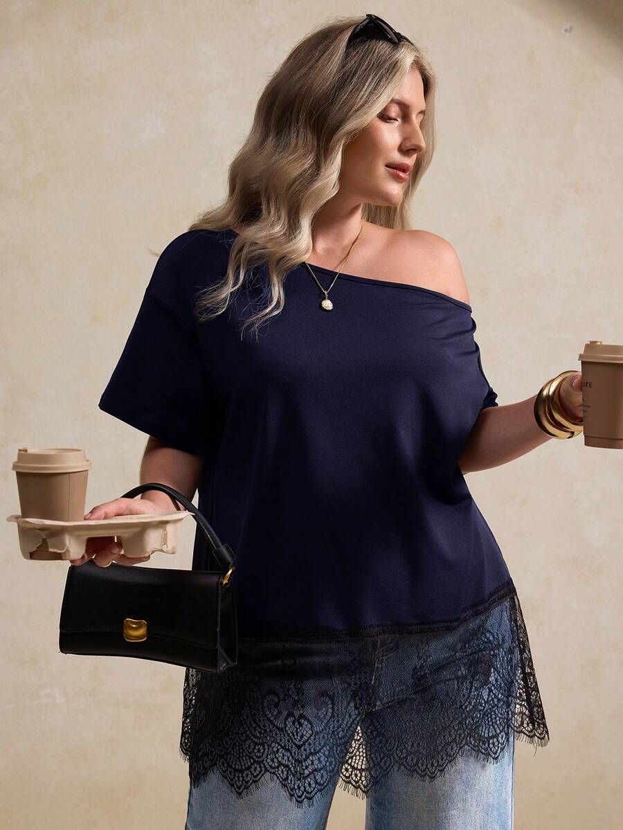 Elegantrix Women's Plus Size 1pc Spring/Summer Asymmetrical Shoulder Design Eyelash Lace Hem Splice Loose Fit Slimming Sexy Hot Girl Style Date Commute T-Shirt Top - Navy Blue - View 1