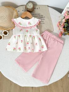SHEIN Playful Pals 2件組女嬰幼兒0-3歲休閒日常水洗棉大領翻領無袖上衣與寬腿褲套裝 - 粉色 - 查看 3