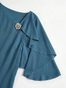 Miaspire Elegant Luxury Classic, Ruffle Layered Midi Dress, Flowy Chiffon Grey Blue, Round Neck Fit, Wedding Guest Party, Christmas, Fall Winter - Teal Blue - View 4