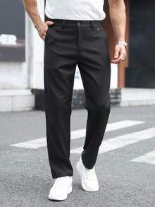 Manfinity Mode Pantalones de traje casual de unicolor con bolsillo para hombres, para uso diario y viajes - Negro - Ver 4