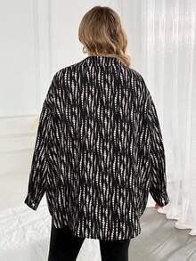 SHEIN CURVE+ Plus Size Colorblock Single-Breasted Casual Versatile Long Sleeve Shirt Fall - Black and White - View 2