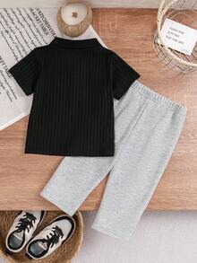 SHEIN Babyboy Infant Summer Turn-Down Collar Short Sleeve Simple Fashion Casual Top With Cute Versatile Casual Long Pants Set, Suitable For Outings, Park Walks, Daily Casual Wear, Travel And More - Multicolor - View 3