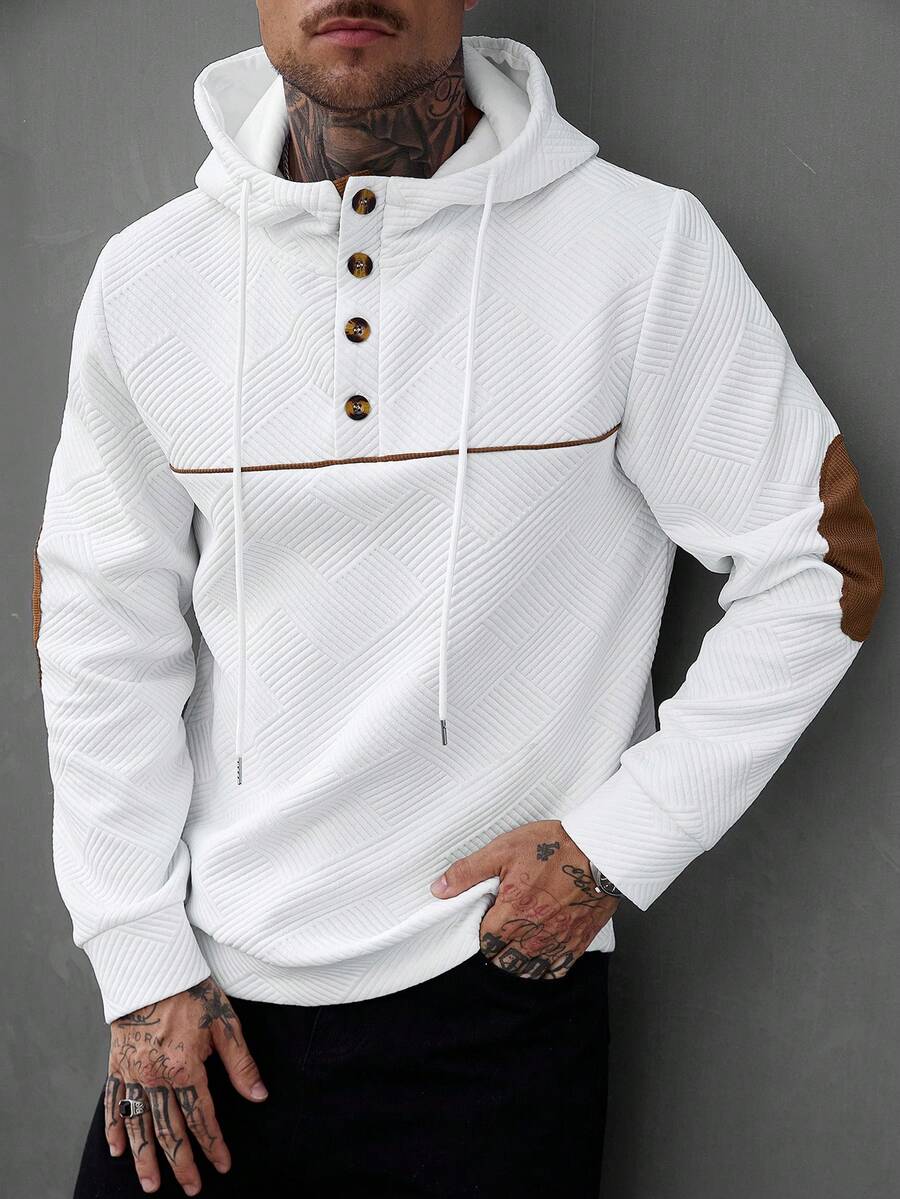 Manfinity CasualCool Men's Spring/Summer All-Season Long Sleeve Hoodie, Textured Fabric Color Block Patchwork, Mature Casual Long Sleeve Hoodie - White - View 1