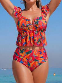 Swim Lushoire 女款復古熱帶花卉印花飛袖V領荷葉邊兩件式比基尼泳衣套裝，高腰收腹度假泳裝 - 彩色 - 查看 4