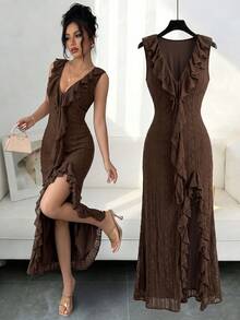 Elenzga Vestido elegante y romántico de línea A con contraste de color a rayas negro y blanco sin mangas para mujeres - Café - View 1