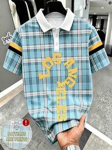 NEOREFINED 男士經典條紋藍白格紋對比領 Los Angeles 文字 Polo 衫，夏季首選 - 彩色 - 查看 3