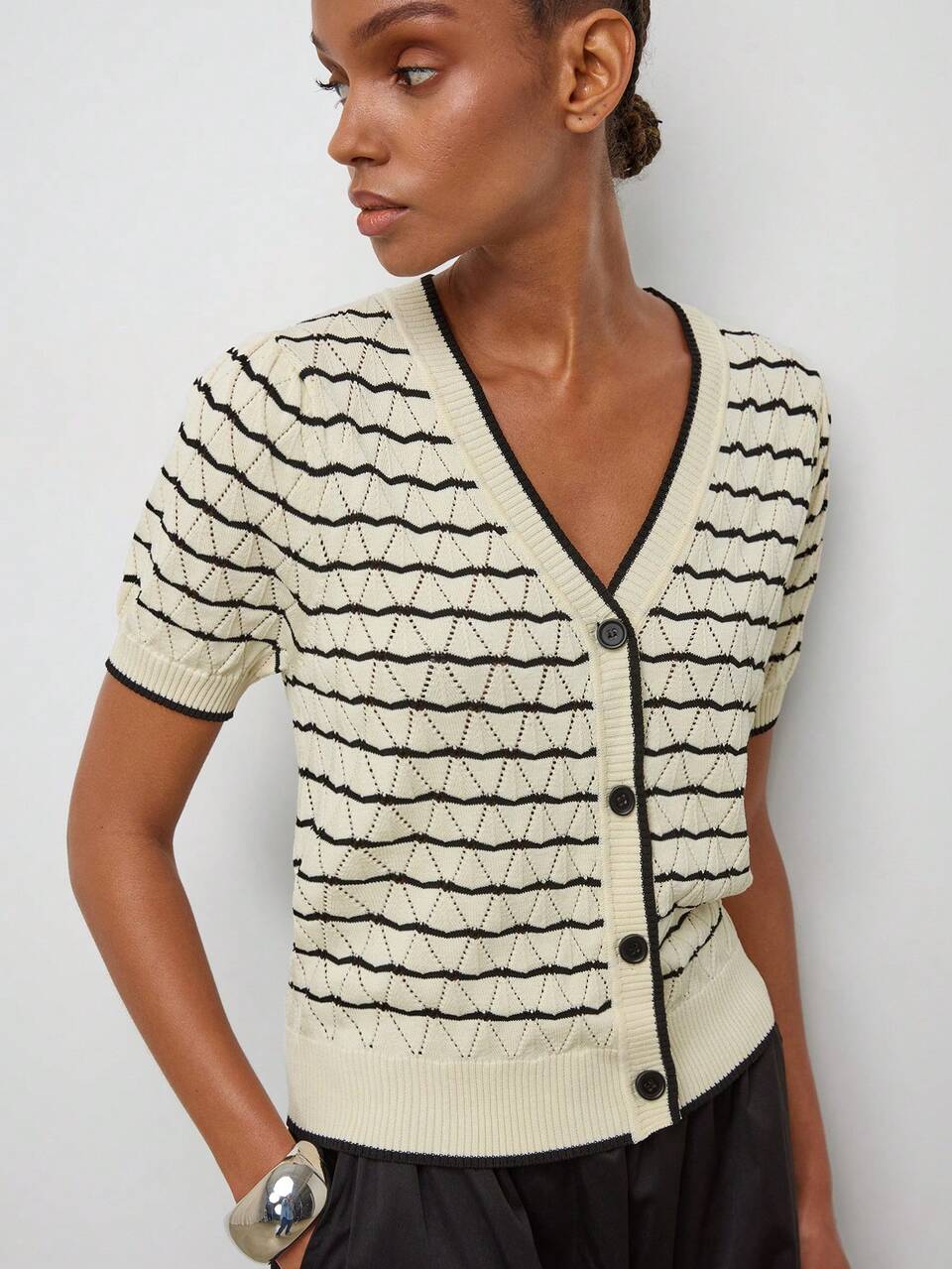 SHEIN Maija Women's Striped Short Sleeve Single-Breasted Casual Knit Cardigan,Going Out Outfits,Summer Holiday Outfits