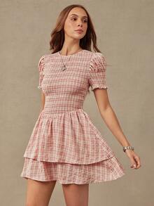 WESTFADE Embroidered Plaid Smocked Short Sleeve Tiered Ruffle Mini Dress, Church Dress, Western, Country, Cowgirl, Rodeo, Fall, Summer, School - Multicolor - View 6
