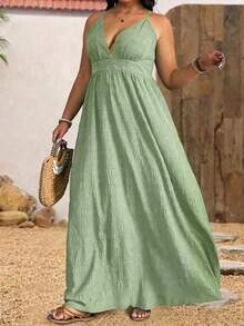 Sunserae Plus Size Women Summer Spaghetti Strap Textured Belt Beach Vacation Dress - Mint Green - View 5